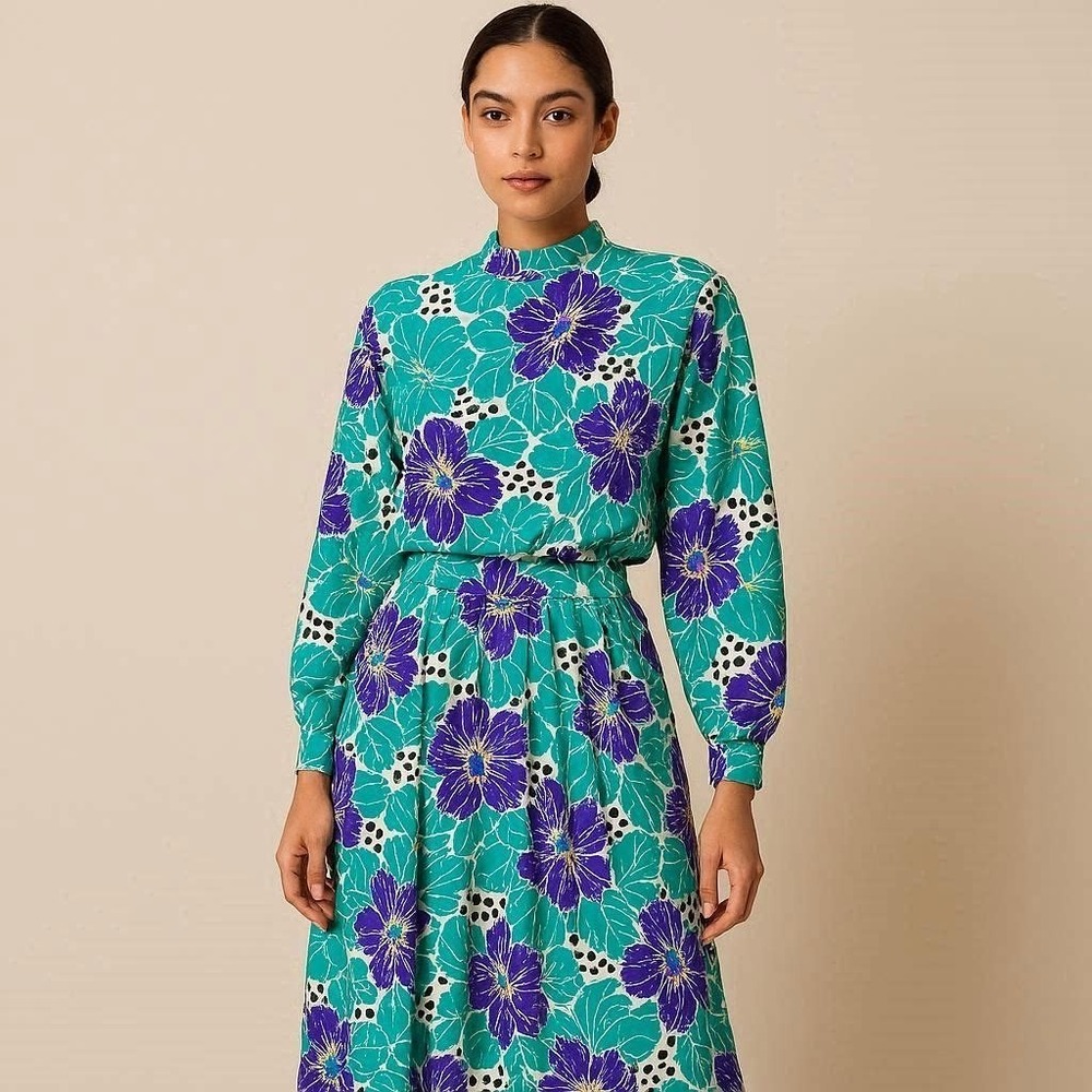 Vintage Tropical Resort Wear Blouson Waist Pleated April Rain 14 Hawaiian Dress